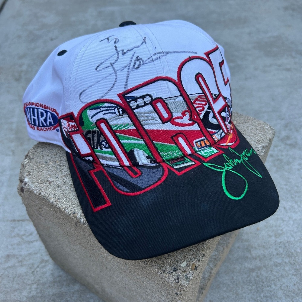 John Force NHRA Racing Hat Signed Vintage 90s Snapback White Black Castrol Cap